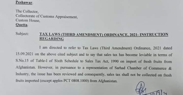 Afghanistan welcomes Pakistan’s decision to abolish taxes on fresh fruits