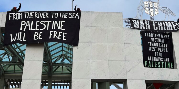Four pro Palestine protesters arrested for scaling roof of Australia’s parliament